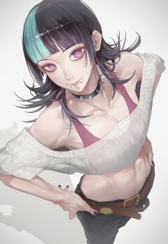 Rule 34 | 1boy, absurdres, belt, belt buckle, black choker, black hair, black pants, brown belt, buckle, choker, collar, collarbone, commentary, crop top, cropped sweater, from above, green hair, hands on own hips, highres, hoshi kirara, houh888, jujutsu kaisen, long hair, looking at viewer, multicolored hair, navel, pants, pink shirt, purple eyes, purple nails, shirt, simple background, smile, solo, spiked collar, spikes, standing, sweater, trap, white background, white sweater