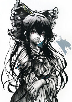 1girl ascot black_hair brown_eyes hakurei_reimu ikeda_ruriko looking_at_viewer solo spot_color touhou traditional_media upper_body white_background