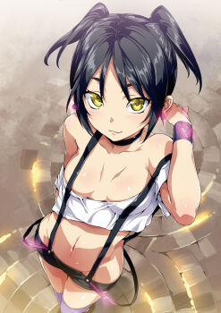 Rule 34 | 1girl, :3, arm behind back, black hair, blouse, breasts, breasts apart, choker, cleaned, cleavage, collarbone, convenient censoring, earrings, female focus, foreshortening, from above, gertrude baird, glowing, groin, highres, hisasi, jewelry, looking at viewer, masou gakuen hxh, midriff, navel, neon trim, no bra, parted bangs, purple thighhighs, raised eyebrows, scan, shirt, short shorts, short twintails, shorts, small breasts, solo, standing, suspenders, thighhighs, twintails, white shirt, wristband, yellow eyes