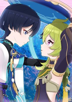 Rule 34 | 1boy, 1girl, absurdres, ahoge, animal print, arm up, armlet, artist name, bandeau, bird print, black bodysuit, black bow, black dress, black hair, black shorts, black sleeves, blue cape, blue eyes, blue gem, blue hat, blue kimono, blue pupils, blue sleeves, blunt ends, body markings, bodysuit, bow, bracelet, cape, capelet, closed mouth, collar, collei (genshin impact), commentary request, dated, detached sleeves, dress, eyelashes, eyeliner, feathers, fringe-trimmed capelet, from side, furisode, gem, genshin impact, glint, glowing markings, gold, gold collar, gold trim, green capelet, green hair, green hood, grey bandeau, hat, heart, hetero, highres, hood, hood down, hooded capelet, improvised umbrella, japanese clothes, jewelry, jingasa, juban, kabedon, kimono, layered sleeves, lens flare, light blush, looking at another, makeup, mandarin collar, open clothes, open kimono, open mouth, pink eyes, pom pom (clothes), profile, purple rope, purple sash, red eyeliner, rope, sash, scaramouche (genshin impact), shared hat, short hair, short sleeves, shorts, sideways mouth, star (symbol), tassel, teeth, tsurime, upper teeth only, vision (genshin impact), wanderer (genshin impact), white kimono, white sleeves, white trim, yellow feathers, yuuya meiqyuu