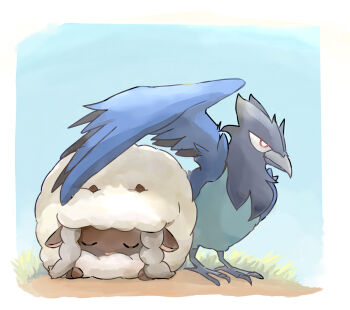 animal_focus border closed_eyes closed_mouth coba_to_coba commentary_request corvisquire full_body gen_8_pokemon highres nintendo no_humans outdoors pokemon pokemon_(creature) red_eyes shielding_with_wing sleeping white_border wooloo