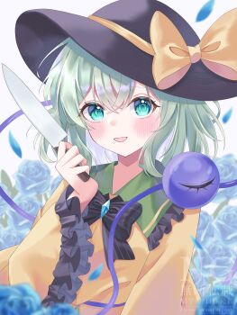 Rule 34 | 1girl, :d, absurdres, black bow, black bowtie, black hat, blue flower, blue petals, blue rose, blush, bow, bowtie, commentary, contrast collar, falling petals, flower, frilled shirt collar, frilled sleeves, frills, green eyes, green hair, hand up, hat, hat bow, hat ribbon, highres, holding, holding knife, knife, komeiji koishi, long sleeves, looking at viewer, medium hair, open mouth, petals, ribbon, rose, shirt, smile, solo, striped bow, striped bowtie, striped clothes, symbol-only commentary, third eye, touhou, upper body, watermark, white background, wide sleeves, yellow bow, yellow ribbon, yellow shirt, yogiri miri