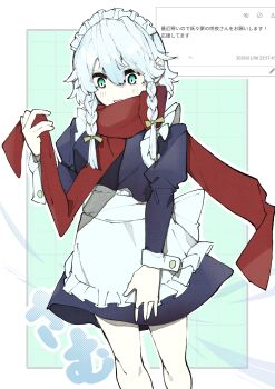 Rule 34 | 1girl, absurdres, apron, back bow, blue dress, blue eyes, bow, braid, commentary request, dress, green bow, grey hair, hair bow, highres, izayoi sakuya, kuromaru ira, long hair, long sleeves, maid, maid headdress, official alternate costume, perfect cherry blossom, red scarf, scarf, solo, touhou, translation request, twin braids, waist apron, white apron, white bow