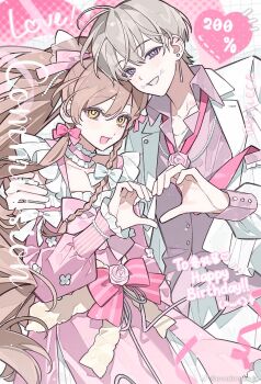 1boy 1girl bow brown_eyes brown_hair character_request commentary_request copyright_request dress evodtonaeco gloves highres long_hair pink_dress ribbon smile tagme white_gloves