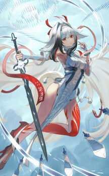 Rule 34 | 1girl, animal ear fluff, animal ears, armlet, armpits, bare shoulders, black hair, black shoes, bracelet, breasts, china dress, chinese clothes, commentary request, dress, droopy ears, floating, floating object, floating sword, floating weapon, gradient hair, hairband, highres, holding, holding sword, holding weapon, jewelry, leg tattoo, long hair, looking at viewer, medium breasts, metal bracelet, multicolored hair, multiple swords, parted lips, qingming sword, red eyes, red hair, shoes, silver armlet, silver bracelet, solo, sword, tail, tattoo, very long hair, weapon, white dress, white hair, white hairband, white tail, yanoyoru, ye shunguang, ye shunguang (enlightened state), zenless zone zero