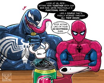 Rule 34 | 1girl, animal print, arthropod girl, artist name, black skin, blue bodysuit, bodysuit, cloak, colored skin, highres, hollow eyes, hollow knight, hollow knight: silksong, horned mask, hornet (hollow knight), knight (hollow knight), marvel, mask, multicolored bodysuit, multiple boys, open mouth, pizza990, print bodysuit, red bodysuit, red cloak, silk, simple background, smile, spider-man, spider-man (series), spider print, spider web, spider web print, superhero costume, symbiote, teeth, two-tone bodysuit, venom (marvel), white mask