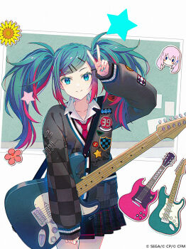 Rule 34 | 1girl, arm up, black skirt, blue eyes, blue hair, blue nails, character request, check character, checkered clothes, checkered jacket, chibi, closed mouth, collared shirt, commentary, dress shirt, electric guitar, flower, gradient hair, grey jacket, guitar, hakusai (tiahszld), hatsune miku, highres, instrument, jacket, leo/need luka, leo/need miku, long sleeves, megurine luka, multicolored hair, nail polish, necktie, pink flower, plaid clothes, plaid skirt, pleated skirt, project sekai, puffy long sleeves, puffy sleeves, red hair, red necktie, shirt, skirt, sleeves past wrists, smile, solo, star (symbol), streaked hair, symbol-only commentary, twintails, v, vocaloid, white background, white shirt, yellow flower