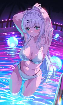 1girl :o adjusting_hair ball bikini blush breasts cleavage collarbone cowboy_shot crescent crescent_necklace dot_nose fisheye green_eyes grey_hair hair_ornament hairpin hands_in_own_hair highleg highleg_bikini highres jewelry large_breasts legs_apart long_hair looking_at_viewer navel necklace night open_mouth outdoors ponytail pool project_nebula railing reflection reflective_water sakatsuki_yakumo sidelocks silhouette solo stomach swimsuit thighs usui_yura virtual_youtuber wading white_bikini
