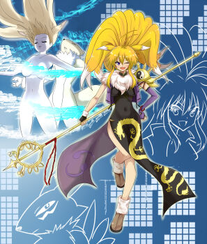 Rule 34 | 2girls, animal ears, biomerge, blonde hair, break~, breasts, completely nude, convenient censoring, digimon, digimon (creature), digimon tamers, energy, floating hair, fox ears, fox girl, fusion, highres, kitsune, long hair, looking at viewer, matrix evolution, multiple girls, namco x capcom, nude, one eye closed, oridigi, renamon, sakuyamon, shinrabanshoumon, tight clothes, transformation, wink, xiaomu, yin yang