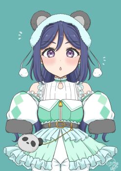 1girl animal_ears bare_shoulders blue_hair blush commentary_request detached_sleeves diamond_mouth dress green_background green_dress highres jumpsuit long_sleeves looking_at_viewer love_live! love_live!_sunshine!! matsuura_kanan notice_lines panda_ears parted_bangs parted_lips ponytail purple_eyes signature simple_background sleeves_past_fingers sleeves_past_wrists solo uzukibox47 white_jumpsuit