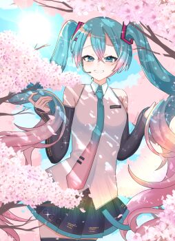 1girl aqua_eyes aqua_hair aqua_necktie aqua_trim armpit_crease bare_shoulders black_skirt blush cherry_blossoms collared_shirt commentary_request detached_sleeves fusion gradient_hair hair_between_eyes hair_ornament hatsune_miku highres kogane_(user_cwzd4477) long_hair long_sleeves looking_at_viewer miku_day miniskirt multicolored_hair necktie pink_hair pink_necktie pink_theme pink_trim pleated_skirt sakura_miku shirt skirt smile solo twintails two-tone_hair two-tone_necktie very_long_hair vocaloid white_shirt