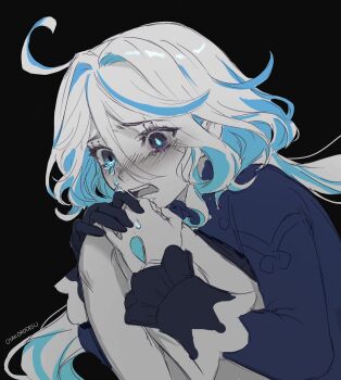 Rule 34 | 1girl, ahoge, artist name, asymmetrical gloves, black background, black gloves, black shorts, blue hair, commentary, crying, crying with eyes open, drop-shaped pupils, english commentary, eyelash ornament, furina (genshin impact), genshin impact, gloves, hair between eyes, hair intakes, hands on own knees, hashtag-only commentary, heterochromia, highres, knees to chest, mismatched pupils, multicolored hair, no headwear, open mouth, oyakorodesu, shorts, solo, symbol-shaped pupils, tears, teeth, upper body, upper teeth only, vision (genshin impact), white gloves, white hair