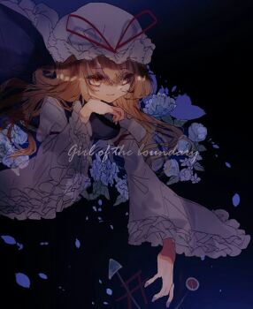 1girl blonde_hair blue_background closed_mouth commentary_request dress flower frilled_dress frills grey_flower hat hat_ribbon long_hair looking_at_viewer mob_cap one-hour_drawing_challenge red_ribbon ribbon road_sign shinjitsu_no_kuchi sign smile solo touhou upper_body white_dress white_hat yakumo_yukari yellow_eyes