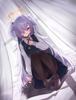 1girl absurdres aqua_dress arm_at_side backlighting black_eyes black_pantyhose blue_archive blush brown_eyes brown_ribbon buttons clenched_hand collared_shirt commentary curtains dress dress_shirt dutch_angle eyelashes feet full_body grey_hair hair_intakes hair_over_one_eye halo hand_up highres indoors kanoe_(blue_archive) knees_up legs legs_together long_hair long_sleeves looking_at_viewer multicolored_eyes neck_ribbon no_shoes nomi_(gpjg7877) on_bed one_eye_covered open_mouth orange_halo panties panties_under_pantyhose pantyhose pinafore_dress pleated_dress ribbon school_uniform shirt sidelocks sitting sleeveless sleeveless_dress soles solo spiked_hair thighs toes tsurime two-tone_eyes two_side_up underwear upskirt very_long_hair wavy_mouth white_shirt window window_shadow