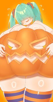 1girl aqua_hair artist_request breast_press breasts cleavage covered_eyes embarrassed gluteal_fold green_hair hair_ornament hair_over_eyes halloween halloween_costume hatsune_miku highres huge_breasts jack-o&#039;-lantern long_bangs long_hair mekakure_miku_(homma_nuruneko) naked_pumpkin navel open_mouth orange_background orange_thighhighs plump pumpkin pumpkin_costume skindentation solo standing striped_clothes striped_thighhighs sweat sweatdrop tegurika_kureme thick_thighs thigh_gap thighhighs thighs trembling twintails vocaloid wavy_mouth wide_hips