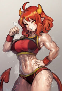1girl :d abs ahoge armpits ass bare_shoulders breasts commentary demon_tail dot_nose dragon_girl dragon_horns hand_on_own_hip horns huge_ass large_breasts looking_at_viewer midriff muscular muscular_female open_mouth original pointy_ears red_hair sharp_teeth simple_background smile sweat tail teeth yellow_eyes yilx