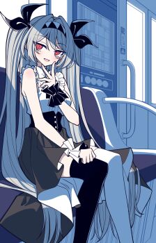 Rule 34 | 1girl, absurdres, asymmetrical legwear, black corset, black ribbon, black skirt, black thighhighs, black wrist cuffs, breasts, chair, chunzhenzhiren innocent, commentary request, corset, frilled shirt, frills, hair intakes, hair ribbon, hand on own thigh, hand up, handlebar, headband, highres, indoors, lilith (the noexistencen of you and me), long hair, medium breasts, mismatched legwear, mismatched wrist cuffs, on chair, open mouth, red eyes, ribbon, shirt, sidelocks, sitting, skirt, sleeveless, sleeveless shirt, smile, the noexistencen of you and me, thighhighs, thighs, train interior, twintails, two-tone headband, very long hair, white hair, white shirt, white thighhighs, white wrist cuffs, window, wrist cuffs