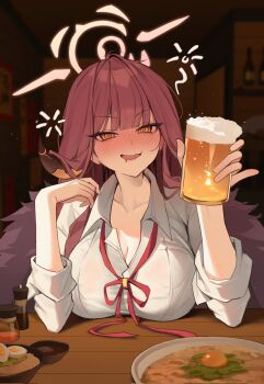 1girl alcohol aru_(blue_archive) beer beer_mug blue_archive breasts cup drunk halo highres large_breasts looking_at_viewer mill_bbang mug orange_eyes red_hair red_halo red_ribbon ribbon shirt solo white_shirt
