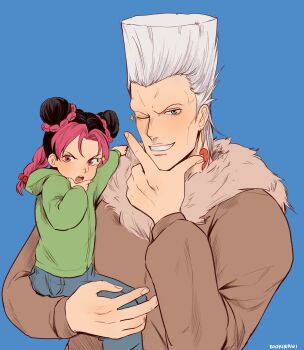 1boy 1girl artist_name black_hair blue_background blue_eyes braid braided_ponytail brown_jacket carrying carrying_person child commentary double_bun earrings english_commentary flattop green_hoodie grey_hair grin hair_bun highres hood hoodie jacket jean_pierre_polnareff jewelry jojo_no_kimyou_na_bouken kookirani kuujou_jolyne looking_at_viewer multicolored_hair one_eye_closed pink_eyes pink_hair simple_background smile sparkle stardust_crusaders stone_ocean two-tone_hair white_hair wink