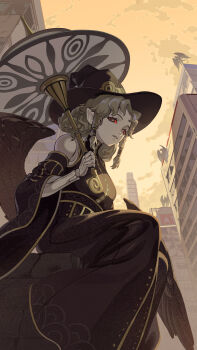 1girl absurdres agrat_bat_mahlat_(megami_tensei) black_dress black_eyes black_hat black_wings bone closed_mouth colored_sclera colored_skin commentary_request demon_(megami_tensei) demon_girl detached_sleeves dress eyelashes favilia from_below grey_hair hat highres holding holding_umbrella joints long_dress looking_at_viewer pointy_ears red_sclera shin_megami_tensei shin_megami_tensei_v shin_megami_tensei_v:_vengeance sky solo umbrella wings witch_hat yellow_sky