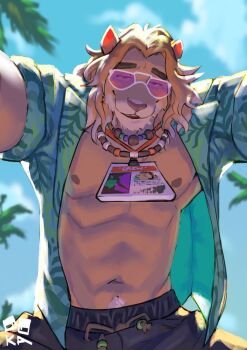 1boy abs animal_ears artist_name bara bead_necklace beads black_shorts blue_sky cloud commentary english_commentary fortnite furry furry_male green_shirt highres jewelry kingston_(fortnite) lion_boy lion_ears lion_mane looking_at_viewer male_focus muscular muscular_male navel necklace nipples ooka_(ruthert4) open_clothes open_shirt palm_tree pectorals pink-tinted_eyewear shirt shorts sky smile sunglasses tinted_eyewear tree