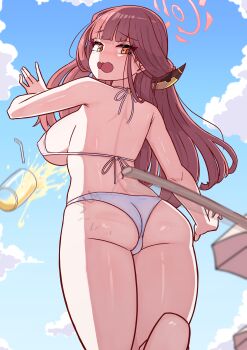 1girl absurdres aru_(blue_archive) ass bare_arms bikini blue_archive blue_sky breasts cloud cup day demon_horns drinking_glass dropping from_behind halo highres horns large_breasts long_hair looking_back open_mouth outdoors pink_hair pink_halo sky solo swimsuit tonys white_bikini yellow_eyes