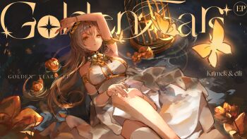 1girl absurdres arm_up armpits bare_shoulders birdcage breasts bug butterfly cage commentary double-parted_bangs dress english_commentary feet_out_of_frame floating_on_back flower grey_hair highres insect large_breasts long_hair lying on_back original parted_lips redcxca ripples sideboob sleeveless sleeveless_dress solo song_name turtleneck turtleneck_dress very_long_hair white_dress yellow_butterfly yellow_eyes yellow_flower