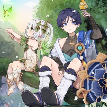 1boy 1girl anemo_symbol_(genshin_impact) anklet aranara_(genshin_impact) armlet armor armpit_crease bird bird_on_hand black_bow black_bridal_gauntlets black_leggings black_sandals black_shorts bloomers blue_gemstone blue_hat blue_kimono blue_sleeves blunt_ends blush bow bracelet bridal_gauntlets bright_pupils bush cape choppy_bangs closed_mouth cross-shaped_pupils crystalfly_(genshin_impact) detached_cape detached_sleeves dress eyeliner eyeshadow falling_petals feathers finch fingernails flower forest gem genshin_impact gold gold_ring gold_trim green_cape green_eyes green_gemstone green_hair green_sleeves grey_pupils hair_ornament hand_on_own_thigh hand_up hands_up hat heart heart_hair_ornament highres japanese_armor japanese_clothes jewelry juban kimono kote kurokote layered_sleeves leg_warmers leggings long_hair looking_at_animal looking_at_creature looking_to_the_side makeup middle_ring multicolored_hair musical_note nahida_(genshin_impact) nature open_clothes open_hands open_kimono outdoors petals pom_pom_(clothes) purple_eyes purple_hair red_eyeliner red_eyeshadow sandals scaramouche_(genshin_impact) short_sleeves shorts side_ponytail sidelocks sitting_on_branch smile stirrup_footwear streaked_hair symbol-shaped_pupils tassel tityu_moroha toenails toes tree underwear unworn_hat unworn_headwear vision_(genshin_impact) wanderer_(genshin_impact) white_bloomers white_dress white_flower white_hair white_kimono white_leg_warmers white_mouth white_petals white_pupils white_sleeves yellow_feathers zouri