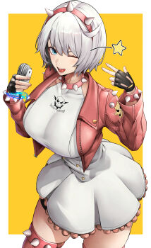 Rule 34 | 1girl, ;d, absurdres, black gloves, blue eyes, border, breasts, collar, commentary, cowboy shot, cropped jacket, elphelt valentine, fingerless gloves, gloves, grey hair, guilty gear, guilty gear strive, hairband, hands up, highres, holding, holding microphone, jacket, large breasts, microphone, miniskirt, one eye closed, open clothes, open jacket, open mouth, pleated skirt, red collar, red hairband, red jacket, red thighhighs, shirt, simple background, skindentation, skirt, sleeveless, sleeveless shirt, smile, solo, souma (so u maaaaa), spiked collar, spiked hairband, spikes, star (symbol), thighhighs, w, white border, white shirt, white skirt, yellow background, zettai ryouiki