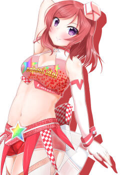 Rule 34 | 1girl, absurdres, arm behind head, armlet, bare shoulders, blush, breasts, cleavage, cleavage cutout, clothes writing, clothing cutout, clothing request, colored shadow, commentary request, cowboy shot, crop top, drop shadow, elbow gloves, fingerless gloves, gloves, groin, hair between eyes, hat, highres, jewelry, looking at viewer, love live!, love live! school idol festival, love live! school idol festival after school activity, love live! school idol project, medium breasts, midriff, mini hat, navel, nishikino maki, purple eyes, race queen, rapiecage (8107ka), red hair, red shorts, shadow, short hair, short shorts, shorts, sidelocks, simple background, single elbow glove, single fingerless glove, smile, solo, standing, white background, wrist cuffs