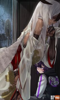 1boy 1girl absurdres age_difference artist_logo artist_name bare_shoulders black_hoodie blush breasts bridal_gauntlets closed_mouth commentary commission cowboy_shot dark-skinned_female dark_skin detached_sleeves elbow_gloves from_side frown gloves grey_pants hair_between_eyes hand_up highres hood hood_down hoodie indoors japanese_clothes joints kimono kobi420 large_breasts lips logo long_hair long_sleeves looking_at_viewer looking_back medium_hair monster_girl no_eyes onee-shota open_door original pants purple_eyes purple_hair rain red_sash sash shaded_face sitting smile teeth wet white_hair white_kimono white_sleeves wide_sleeves wooden_door