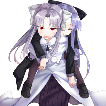 Rule 34 | 2girls, albino, apo (apos2721), black bow, blue hair, blush, bow, capelet, carrying, coattails, commentary request, fur-trimmed capelet, fur trim, grey bow, grey hair, hair bow, len (tsukihime), loafers, long hair, long skirt, melty blood, multiple girls, pantyhose, piggyback, pointy ears, red eyes, shoes, skirt, sleeping, sleeping on person, tailcoat, tsukihime, white len (tsukihime)