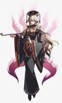 Rule 34 | 1girl, absurdres, black dress, black hat, blonde hair, closed mouth, commentary, crescent, crescent print, dalachi (headdress), dress, energy, energy tail, fox tail, full body, hat, highres, holding, holding smoking pipe, junko (touhou), kiseru, long hair, long sleeves, looking at viewer, multiple tails, neck ribbon, orange eyes, red tabard, ribbon, smoking pipe, solo, tabard, tail, touhou, very long hair, wide sleeves, yellow ribbon, yexinhan