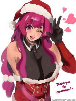 1girl artist_name bare_shoulders belt black_gloves bleach bleach:_sennen_kessen-hen breasts christmas commission detached_sleeves english_text female_focus fur_trim gloves hat highres lady_shin large_breasts long_hair looking_at_viewer meninas_mcallon one_eye_closed purple_eyes purple_hair quincy_(bleach) santa_hat simple_background sternritter upper_body white_background wink