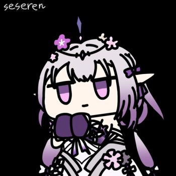 1girl animated animated_gif artist_name castorice_(honkai:_star_rail) chibi dress expressionless gloves gradient_hair grey_dress honkai:_star_rail honkai_(series) long_hair lowres multicolored_hair pointy_ears purple_gloves seseren solo tiara white_hair