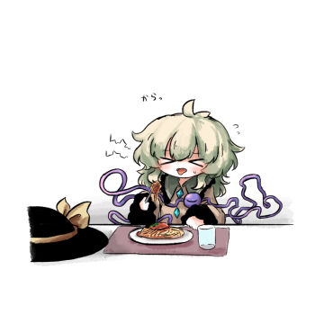 &gt;_&lt; 1girl black_hat buttons closed_eyes cup diamond_button drinking_glass eating flying_sweatdrops food frilled_shirt_collar frills green_hair hat heripantomorrow komeiji_koishi long_hair long_sleeves open_mouth pasta placemat plate shirt solo spaghetti spicy third_eye tongue tongue_out touhou unworn_hat unworn_headwear upper_body white_background yellow_shirt