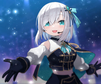 1girl :d ars_almal black_gloves blue_eyes blush bow bowtie breasts cape capelet choker_jewel cropped_vest detached_sleeves gloves gold_trim hair_between_eyes hair_ornament hair_ribbon headset idol_clothes jewelry layered_shirt long_sleeves looking_at_viewer midriff navel nijisanji nijisanji_idol_uniform open_mouth outstretched_arms puffy_sleeves ribbon shirt single_bare_shoulder sleeveless smile solo sparkle tatami_kami two-sided_cape two-sided_fabric vest virtual_youtuber white_hair white_shirt