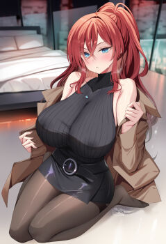 1girl bare_shoulders bed bed_sheet bedroom belt belt_buckle black_belt black_pantyhose black_shirt black_skirt blue_eyes blush breasts brown_coat buckle coat covered_erect_nipples crossed_bangs hair_between_eyes hair_intakes high_ponytail highres huge_breasts indoors jewelry long_sleeves looking_at_viewer miniskirt necklace open_clothes open_coat original pantyhose pillow ponytail red_hair ribbed_shirt sanshoku_amido shirt sidelocks signature skirt sleeveless sleeveless_shirt sleeveless_turtleneck solo steaming_body sweat thighband_pantyhose thighs turtleneck