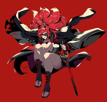 1girl artist_logo artist_name baiken big_hair black_boots black_jacket black_kimono boots breasts cleavage commentary eyepatch facial_tattoo floating_clothes full_body guilty_gear guilty_gear_strive highres holding holding_sword holding_weapon huge_breasts jacket jacket_on_shoulders japanese_clothes katana kimono knees_up lace-up_boots lipstick logo long_hair looking_at_viewer makeup one_eye_closed open-toe_boots ponytail r3dfive red_background red_eyes red_hair red_lips red_tattoo red_theme samurai scabbard scar scar_across_eye scar_on_face sheath sheathed simple_background solo sword tattoo thighs two-tone_kimono weapon white_kimono