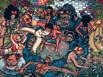 2girls 6+boys ^_^ abs animal antlers banana bikini black_hair boiledmatomato brook_(one_piece) closed_eyes commentary cup eating english_commentary eyewear_on_head fish food franky_(one_piece) fruit green_hair guitar hat headphones highres holding holding_cup holding_guitar holding_instrument horns innertube instrument leg_hair long_nose monkey monkey_d._luffy multiple_boys multiple_girls nami_(one_piece) nico_robin one_piece orange_bikini orange_hair partially_submerged pompadour reindeer_antlers roronoa_zoro sanji_(one_piece) sitting skeleton smile stitched_torso stitches straw_hat straw_hat_pirates submerged swim_ring swimsuit tony_tony_chopper usopp