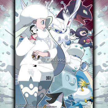 1girl arctozolt artist_name blue_eyes blue_tongue breasts bright_pupils closed_mouth colored_tongue commentary company_name copyright_notice curvy dynamax dynamax_band earrings eiscue eiscue_(ice) english_commentary eyelashes from_side frosmoth galarian_darmanitan galarian_darmanitan_(standard) galarian_form gen_1_pokemon gen_8_pokemon gigantamax gigantamax_lapras gloves grey_pantyhose hat highres holding holding_poke_ball ice instagram_username jewelry lapras lips long_sleeves mature_female melony_(pokemon) merchandise_available mr._rime nintendo official_style open_mouth outline pantyhose poke_ball pokemon pokemon_(creature) pokemon_swsh ring scarf shirt shorts single_glove smile snot tom_higgins tongue tongue_out ultra_ball watermark white_gloves white_hat white_outline white_pupils white_scarf white_shirt white_shorts yellow_eyes