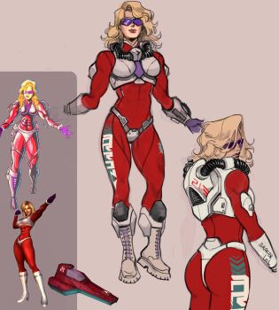 1girl alternate_costume armor ass blonde_hair bodysuit boots f-zero f-zero_gx f-zero_x full_body highres long_hair monkii_(mjooolnina) mrs._arrow muscular muscular_female nintendo official_art red_lips redesign reference_inset sketch solo standing sunglasses