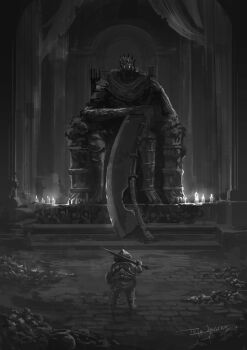 2boys armor artist_name breastplate candle commentary_request crown dark_souls_(series) dark_souls_iii full_armor giant greyscale helmet highres holding holding_sword holding_weapon knight looking_at_another monochrome multiple_boys pauldrons shoulder_armor siegward_of_catarina sword tripdancer weapon yhorm&#039;s_great_machete yhorm_the_giant