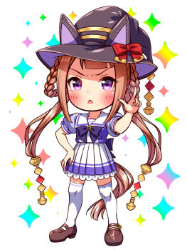 1girl animal_ears blush bow bowtie braid braided_hair_rings breasts brown_hair chibi chibi_only commentary_request ear_bow ear_covers full_body hair_rings hand_on_own_hip hat hat_with_ears highres horse_ears horse_girl horse_tail long_hair looking_at_viewer open_mouth pleated_skirt puffy_short_sleeves puffy_sleeves purple_bow purple_bowtie purple_eyes purple_shirt sailor_collar sailor_shirt school_uniform shirt shoes short_sleeves skirt small_breasts solo sugimotty_nova sweep_tosho_(umamusume) tail thighhighs tracen_school_uniform twintails umamusume white_sailor_collar white_skirt white_thighhighs witch_hat zettai_ryouiki