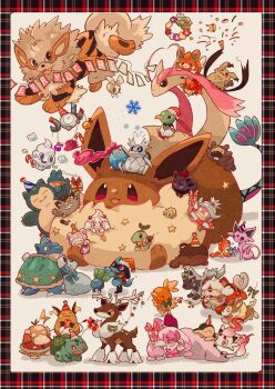 Rule 34 | absurdres, alcremie, alcremie (vanilla cream), arcanine, bag, bidoof, blastoise, brown eyes, bulbasaur, candy, candy cane, christmas, christmas ornaments, clodsire, comfey, cutiefly, cyndaquil, dynamax, eevee, espeon, fangs, food, galarian form, galarian meowth, gen 1 pokemon, gen 2 pokemon, gen 3 pokemon, gen 4 pokemon, gen 5 pokemon, gen 7 pokemon, gen 8 pokemon, gift, gigantamax, gigantamax eevee, hat, highres, hisuian growlithe, hisuian zorua, holding, iron thorns, joltik, milotic, mimikyu, munchlax, natu, nintendo, no humans, oddish, open mouth, party hat, pawmi, pikachu, pokemon, pokemon (creature), poochyena, psyduck, raichu, riolu, rock, santa hat, sawsbuck, sawsbuck (winter), slowpoke, smile, snorlax, snowflakes, sweater, tatsugiri, tatsugiri (curly), tinkaton, tongue, tongue out, torchic, turtwig, vanillite, yamper, zorua, zozozoshion