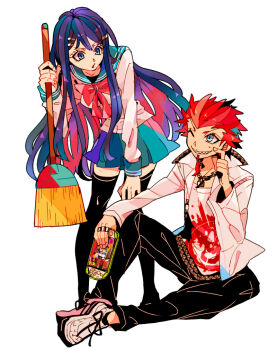 1boy 1girl black_pants black_thighhighs blue_eyes blue_hair blue_skirt bow broom commentary_request danganronpa:_trigger_happy_havoc danganronpa_(series) facial_hair goatee handheld_game_console holding holding_broom holding_handheld_game_console jacket kuwata_leon long_hair long_sleeves looking_at_another maizono_sayaka orange_hair pants pink_bow playstation_portable pleated_skirt sharp_teeth skirt teeth thighhighs white_jacket yyy246