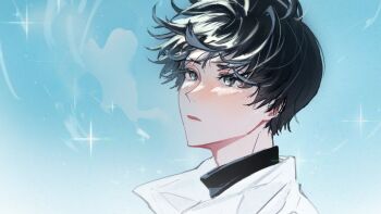 Rule 34 | 1boy, :o, black eyes, black hair, black shirt, blue sky, coat, commentary request, gj9158, highres, kim dokja, korean commentary, male focus, omniscient reader's viewpoint, outdoors, parted lips, partially shaded face, portrait, shirt, short hair, sky, solo, sparkling eyes, white coat, wind, wind lift