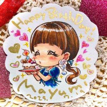 1girl birthday birthday_cake blue_dress blunt_bangs blush cake candle chibi chibi_only closed_eyes commentary_request dated dress earrings flower_earrings food happy_birthday heart heart_print highres jewelry marine_(confeitokobo) marker_(medium) mayumi_kaneko_(voice_actor) ponytail puckered_lips real_life short_eyebrows star_(symbol) star_print traditional_media voice_actor