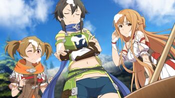 10s 3girls asuna_(sao) black_hair blue_scarf blue_shorts brown_hair cleaned cloud cloudy_sky collarbone cream cream_on_face crop_top day closed_eyes food food_on_face from_below game_cg hair_ornament hair_ribbon long_hair midriff multiple_girls navel official_art one_eye_closed outdoors red_eyes ribbon scarf short_hair_with_long_locks short_shorts shorts sidelocks silica sinon sinon_(sao:hf) sky stomach sword_art_online sword_art_online:_hollow_realization twintails white_ribbon