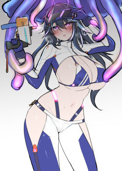 1girl ? @_@ bikini black_hair blue_eyes bodysuit borrowed_character breasts collared_shrug diving_mask diving_suit goggles highres holding hypnosis imminent_rape jellyfish kutan large_breasts long_hair looking_at_viewer mind_control nagika_umino_(ibis1) navel open_mouth original revealing_clothes scuba_gear short_hair_with_long_locks shrug_(clothing) solo spoken_question_mark swimsuit tentacles water_gun wetsuit white_shrug